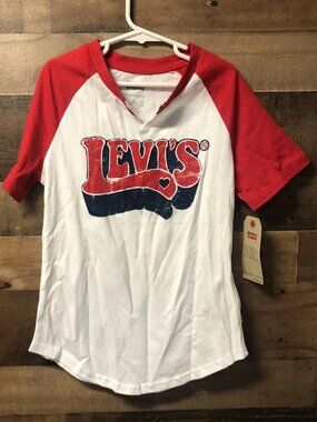 Levi's Girls Medium 10-12 T-Shirt Red White Graphic Logo Tee Short Sleeve NWT
